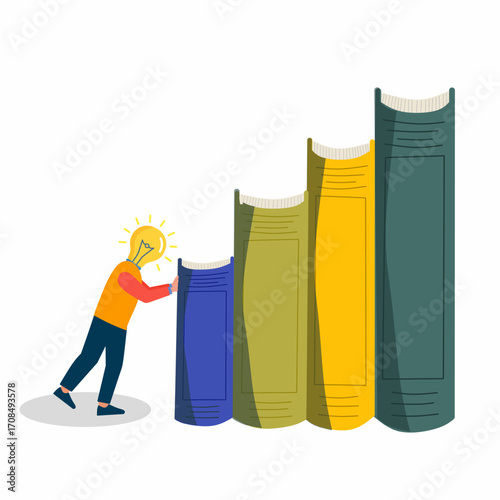 a person with a light bulb head pushing books arranged like a bar chart, symbolizing education.
