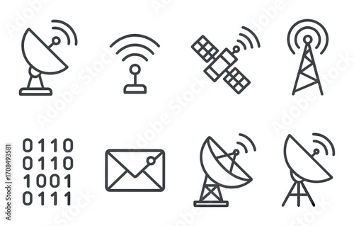 Futuristic communication icons: satellite, antenna, wifi, email, binary code