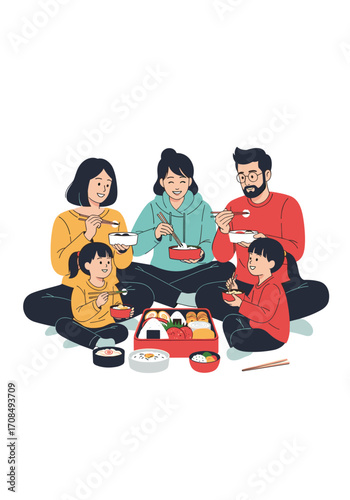 A happy family enjoying a delicious picnic lunch together outdoors.