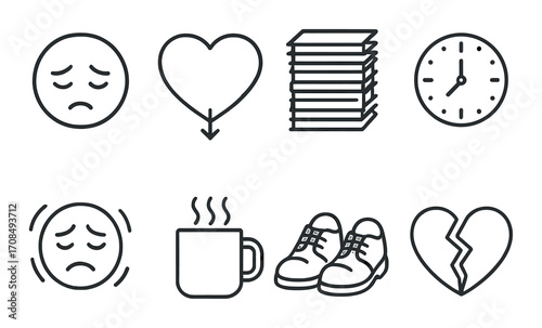 Monochrome icons: emotions, love, work, time, anxiety, coffee, shoes, heartbreak