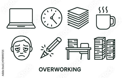 Icons depicting overworking: laptop, clock, documents, coffee, tired face, pencil, desk