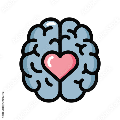 Illustration of a human brain with a pink heart symbol in the center, symbolizing the connection between emotions and the mind or intelligence and feelings