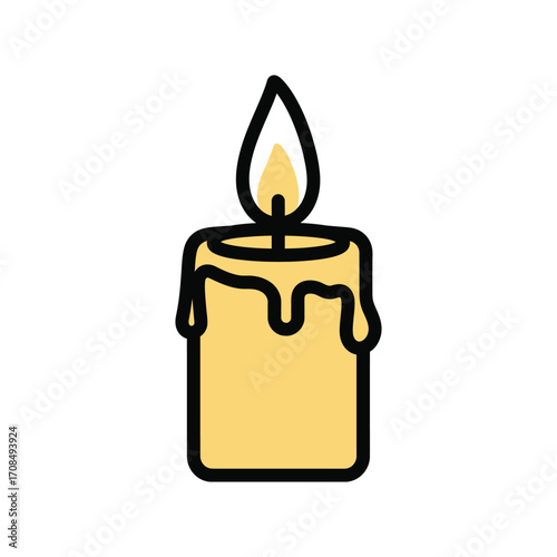 An isolated vector illustration of a lit yellow candle with dripping wax. A simple icon representing concepts of light, hope, peace, memory, and spiritual energy