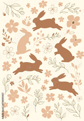 Cute bunnies and flowers in a spring meadow.