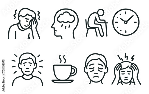 Stress and fatigue icons depicting headache, depression, and anxiety concepts