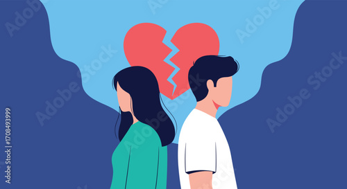A visual representation of a couple's relationship ending with a broken heart emblem.