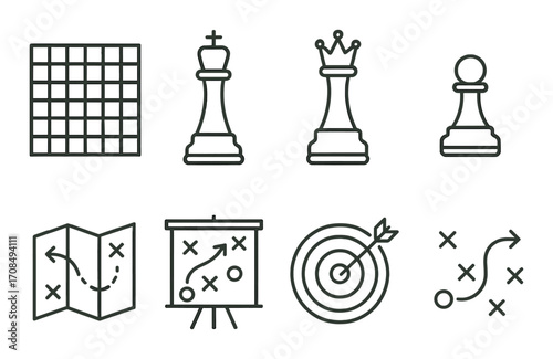 Chess icons and strategic planning symbols on metallic background