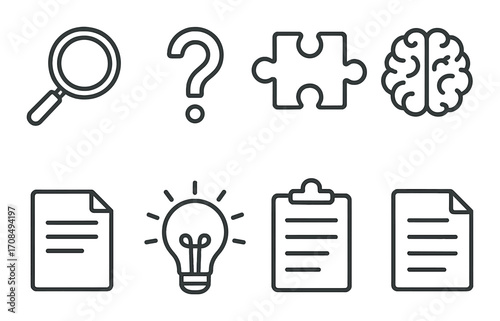 Creative icons set featuring magnifying glass question mark and brain symbol