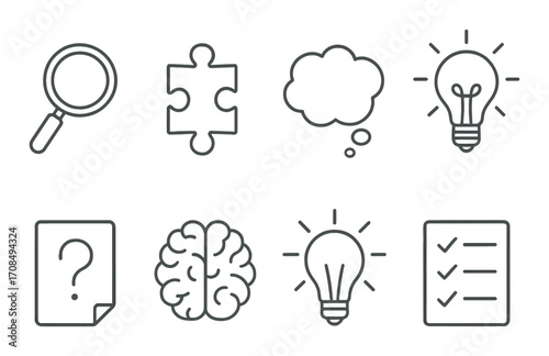 Conceptual icons: magnifying glass, puzzle piece, brain, light bulb, checklist, question mark, thought cloud