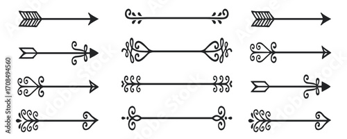 Set of hand-drawn decorative arrows with ornate elements pointing right