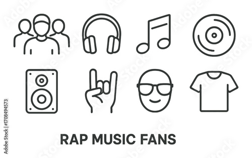 Outline icons representing rap music fans and accessories on dark background