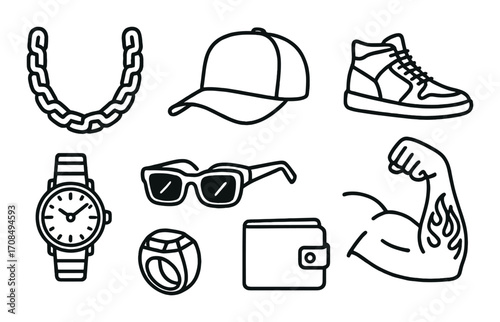 Stylish accessories and fashion icons including hat, watch, sunglasses, chain, sneakers, ring, wallet, tattoo