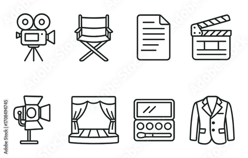 Film production icons: camera, director's chair, script, clapboard, spotlight, stage, makeup, suit