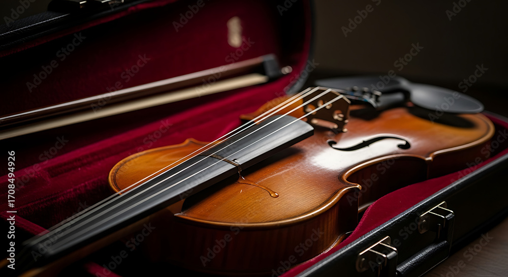 Naklejka premium Polished Violin with Ebony Fingerboard Rests in its Case.