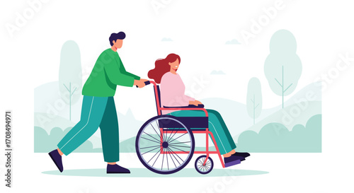 A person pushes another person in a wheelchair outdoors in a park setting.