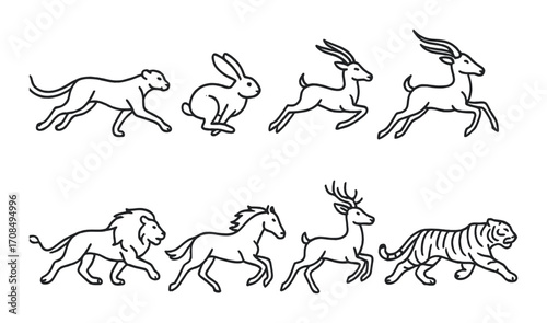Silhouettes of running animals: deer, rabbit, antelope, lion, horse, tiger