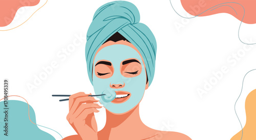 A woman applies a face mask while relaxing at home.
