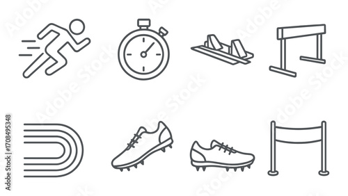 Track and field icons: runner, stopwatch, starting blocks, hurdles, track, shoes