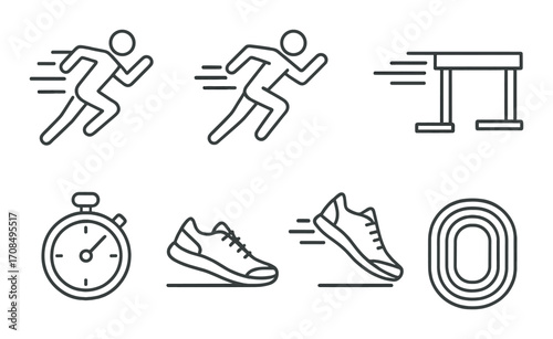 Athletic icons: running, hurdles, stopwatch, track, shoes in monochrome design