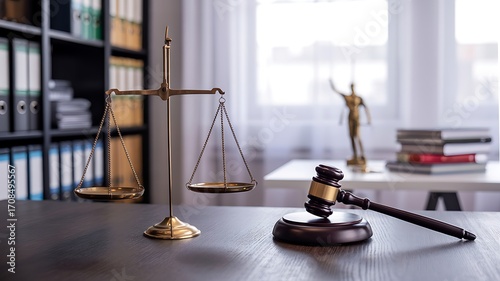 The scales of justice and a judge's gavel representing legal proceedings and courtroom decisions