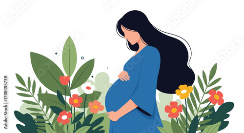A pregnant woman cradles her belly surrounded by lush green foliage and colorful flowers.