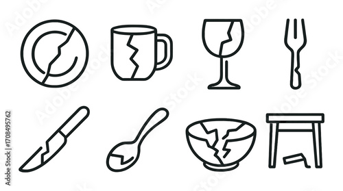 Collection of cracked kitchenware icons on textured background