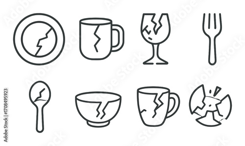 Set of eight broken kitchen items with plates, mugs, and glasses in monochrome