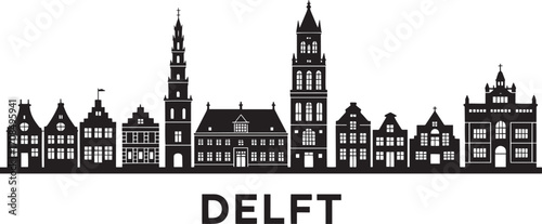 Detailed Delft Skyline Silhouette Vector Illustration Depicting Famous Landmarks and Architecture
