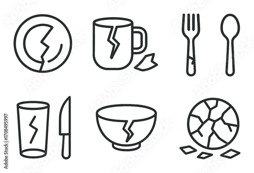 Broken kitchenware icons: plate, cup, utensils, glass, knife, bowl