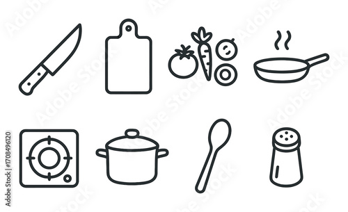 Kitchen utensils and ingredients: knife, cutting board, vegetables, pan, stove, pot, spoon, salt shaker