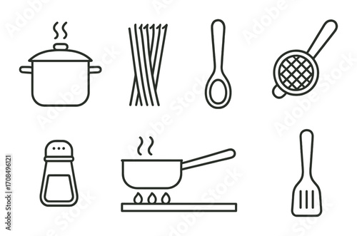 Minimalistic kitchen utensil icons on olive background
