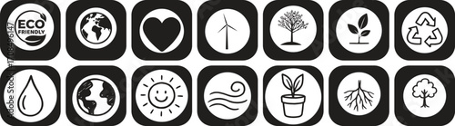 Eco Technology and Sustainability Icons Set – Renewable Energy, Solar Power, Recycling, and Green Living Symbols”