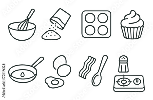Baking and cooking tools icons: whisk, oven, cupcake, bacon, eggs, skillet