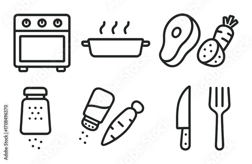 Kitchen utensils and food icons: stove, pan, meat, vegetables, salt, pepper, knife, fork