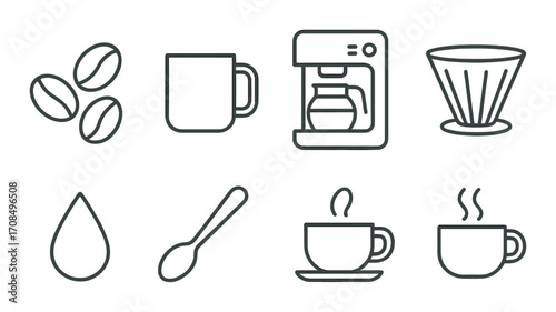Coffee icons set featuring beans, mug, coffee maker, dripper, water, spoon, and cups