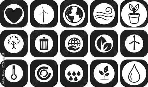 Eco Technology and Sustainability Icons Set – Renewable Energy, Solar Power, Recycling, and Green Living Symbols”