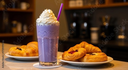 A glass of ube purple yam dessert topped with whipped cream and a purple straw. Two plates of croissants are placed nearby on a countertop.