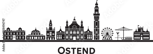 Detailed Ostend Cityscape Silhouette Vector Illustration Depicting Famous Landmarks and Architecture