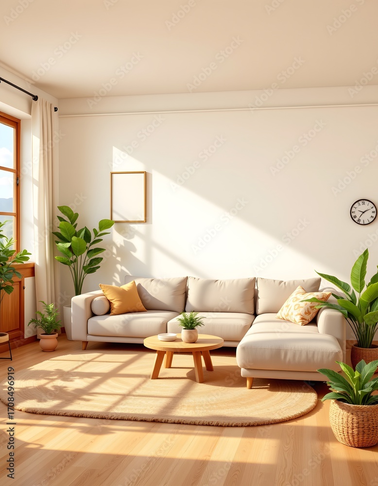 Naklejka premium Cartoon style cozy living room with large sectional, natural wood accents, and indoor plants, subject on left, ample white space on right for text, cheerful atmosphere.