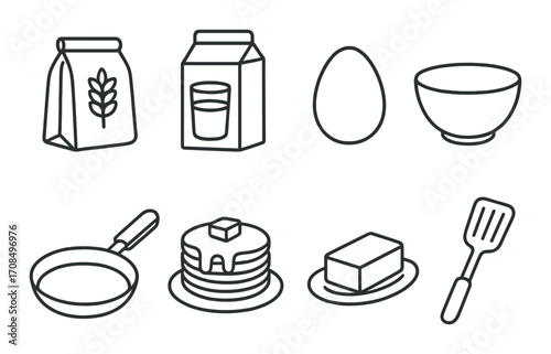 Breakfast ingredients icons: milk carton, egg, bowl, flour, frying pan, pancakes, butter, spatula