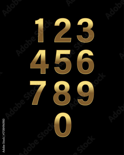 Set of Golden Numbers 0-9 on Black Background