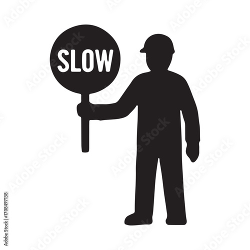 Traffic control worker holding slow sign silhouette isolated on white