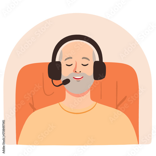 Elderly man with headphones. Senior man listening to music with headphones. Older man enjoying audio in headphones. Retired man wearing headphones and smiling. Elderly set