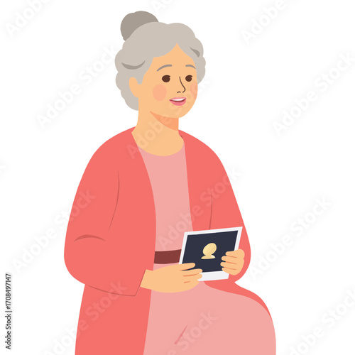 Senior woman holding photo. Elderly lady looking at old photograph. Older woman remembering past through picture. Retired woman cherishing family photo. Elderly set