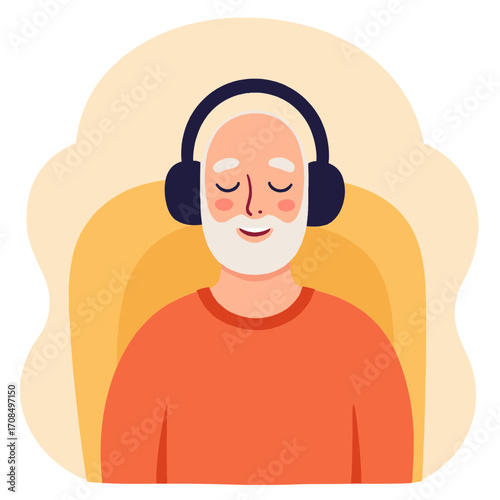 Elderly man with headphones. Senior man listening to music with headphones. Older man enjoying audio in headphones. Retired man wearing headphones and smiling. Elderly set