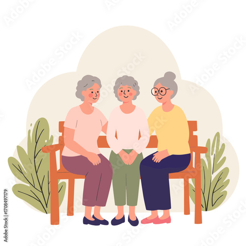 Senior women in garden. Elderly ladies enjoying flowers outdoors. Older women gardening together. Retired friends spending time in garden. Elderly set