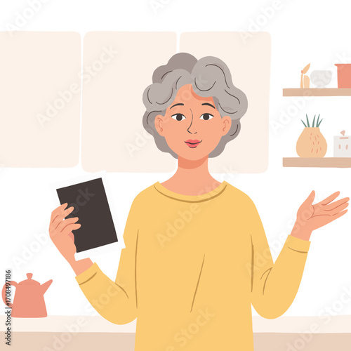 Senior woman holding photo. Elderly lady looking at old photograph. Older woman remembering past through picture. Retired woman cherishing family photo. Elderly set