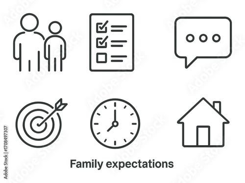 Icons representing family, goals, time management, communication, and home