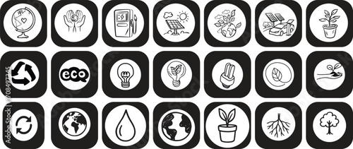 Eco Technology and Sustainability Icons Set – Renewable Energy, Solar Power, Recycling, and Green Living Symbols”