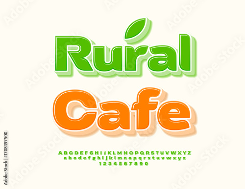 Vector Culinary signboard Rural Cafe. Stylish Green Font. Elegant Uppercase 3D Alphabet Letters and Numbers set.